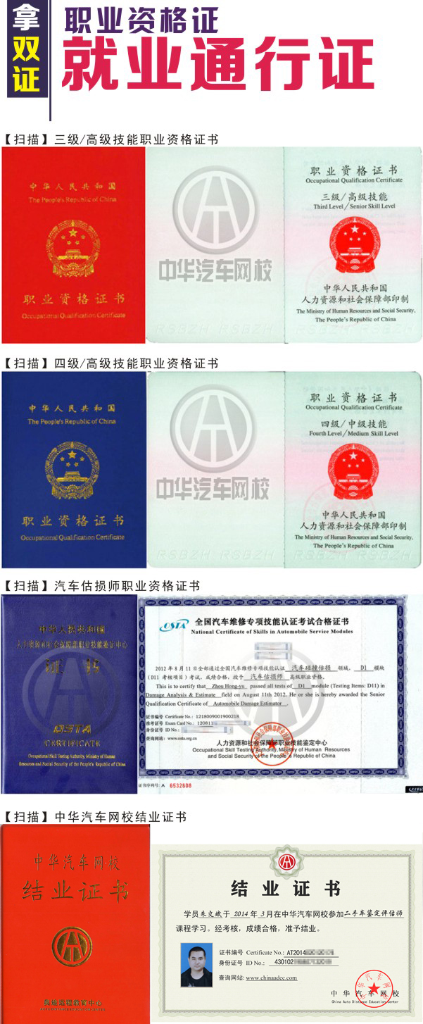 拿雙證，一次學(xué)習(xí)考取兩本證書“二手車鑒定評估師證 +汽車估損師證“或汽車營銷師證、中華汽車網(wǎng)校結(jié)業(yè)證